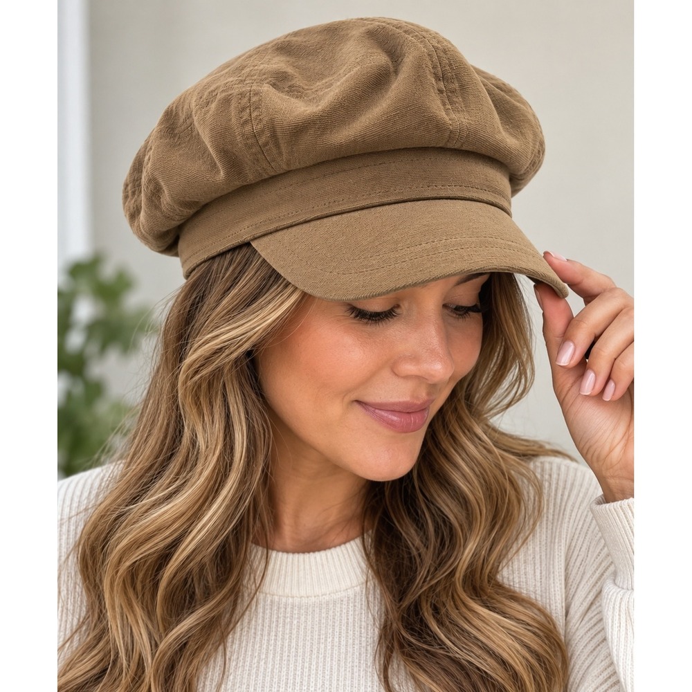 Angela & William Tan Khaki Cotton Newsboy Cap Baker Boy Hat CB4132